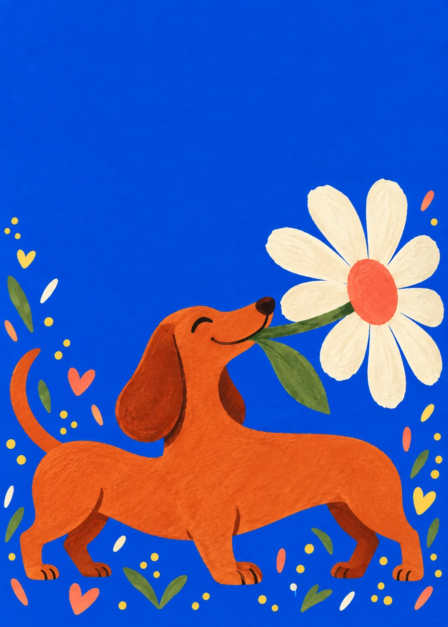 A cheerful orange dachshund carrying an oversized daisy against vivid blue