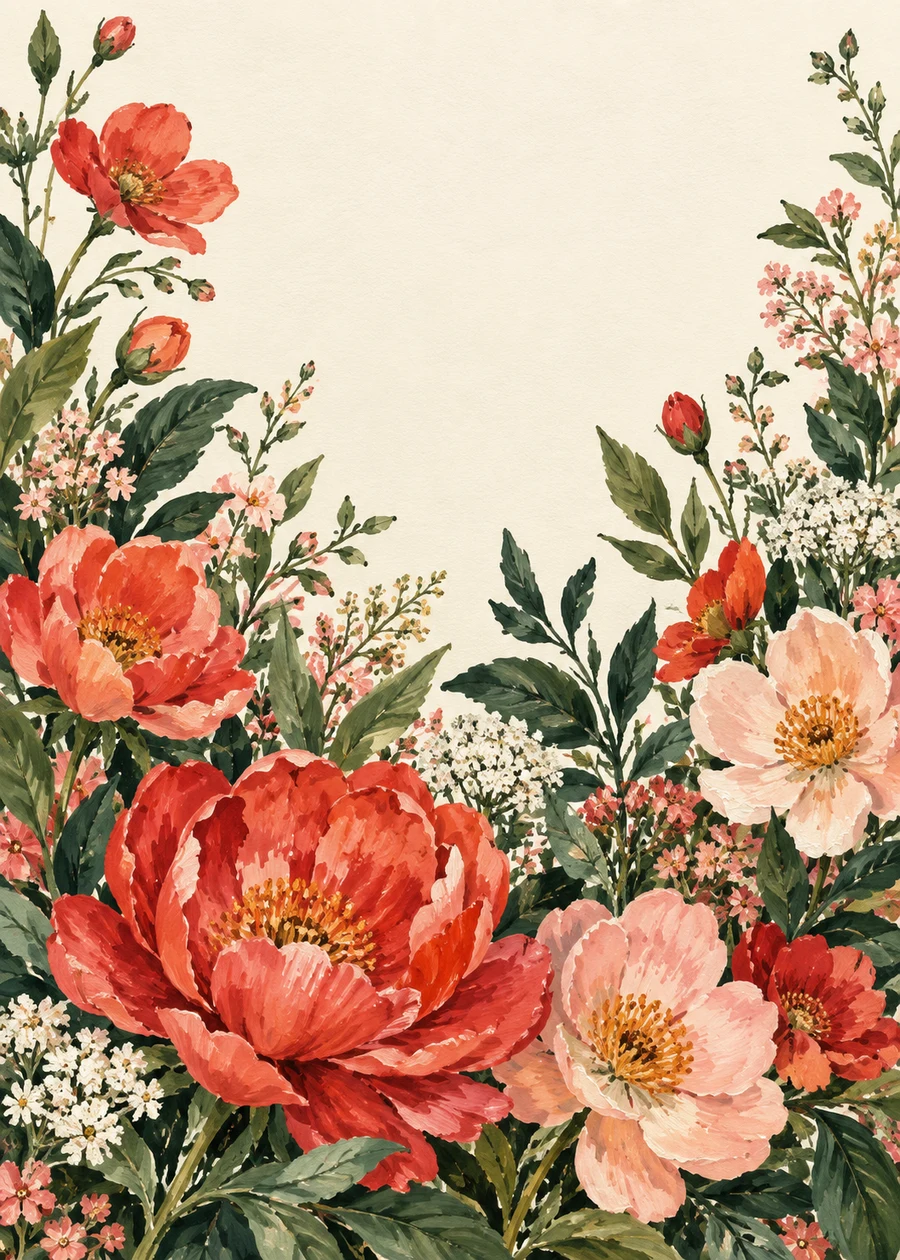 Rich coral and blush garden flowers painted in gouache on warm ivory